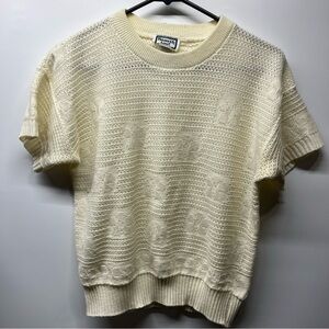 "Keneth Too! Cream Off White Knit Mesh Cap Sleeve Sweater Top Vintage Size S